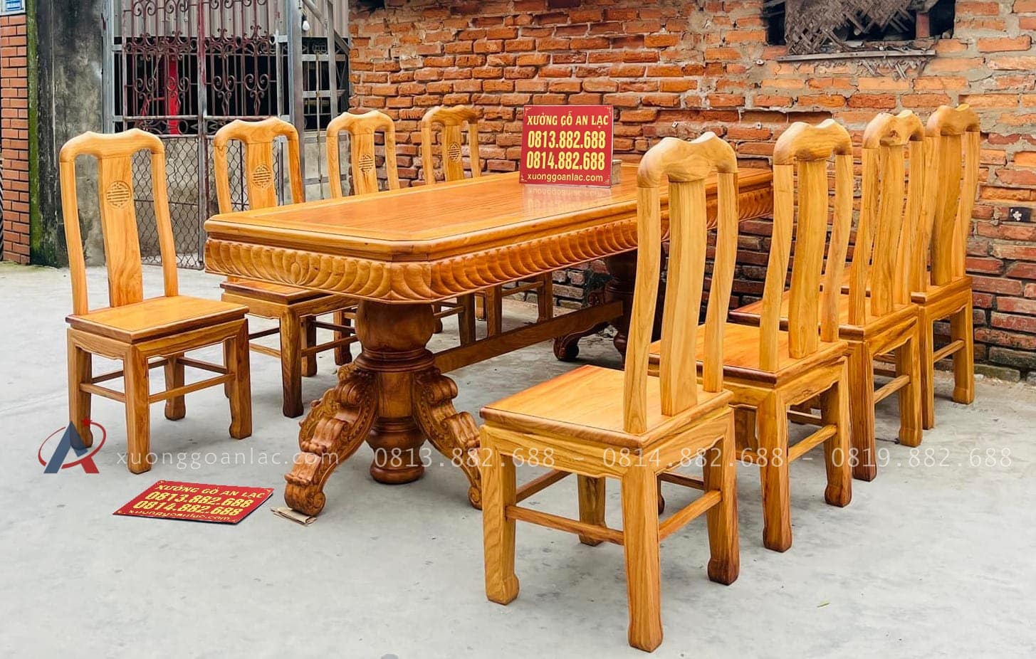 Bộ bàn ăn vát góc kết hợp 8 ghế chữ thọ hàng đặt dày dặn (Chú Tiến, Cần Thơ) 17 bàn ăn gỗ gõ đỏ kết hợp 8 ghế chữ thọ