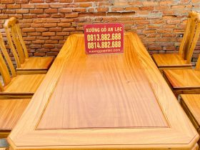 Bộ bàn ăn vát góc kết hợp 8 ghế chữ thọ hàng đặt dày dặn (Chú Tiến, Cần Thơ) 11 mặt bàn ăn gỗ gõ đỏ