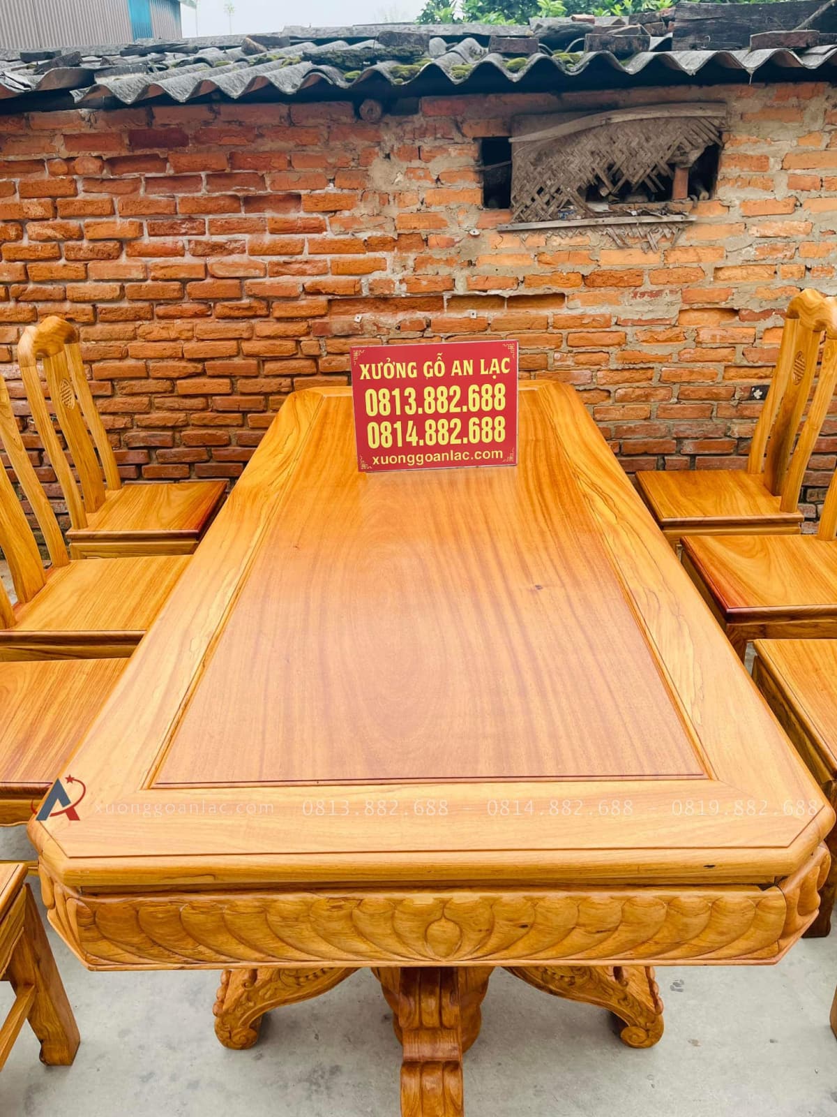 Bộ bàn ăn vát góc kết hợp 8 ghế chữ thọ hàng đặt dày dặn (Chú Tiến, Cần Thơ) 19 mặt bàn ăn gỗ gõ đỏ
