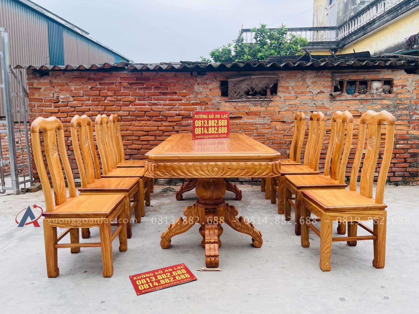 Bộ bàn ăn vát góc kết hợp 8 ghế chữ thọ hàng đặt dày dặn (Chú Tiến, Cần Thơ) 23 bộ bàn ghế ăn gỗ gõ đỏ 8 ghế