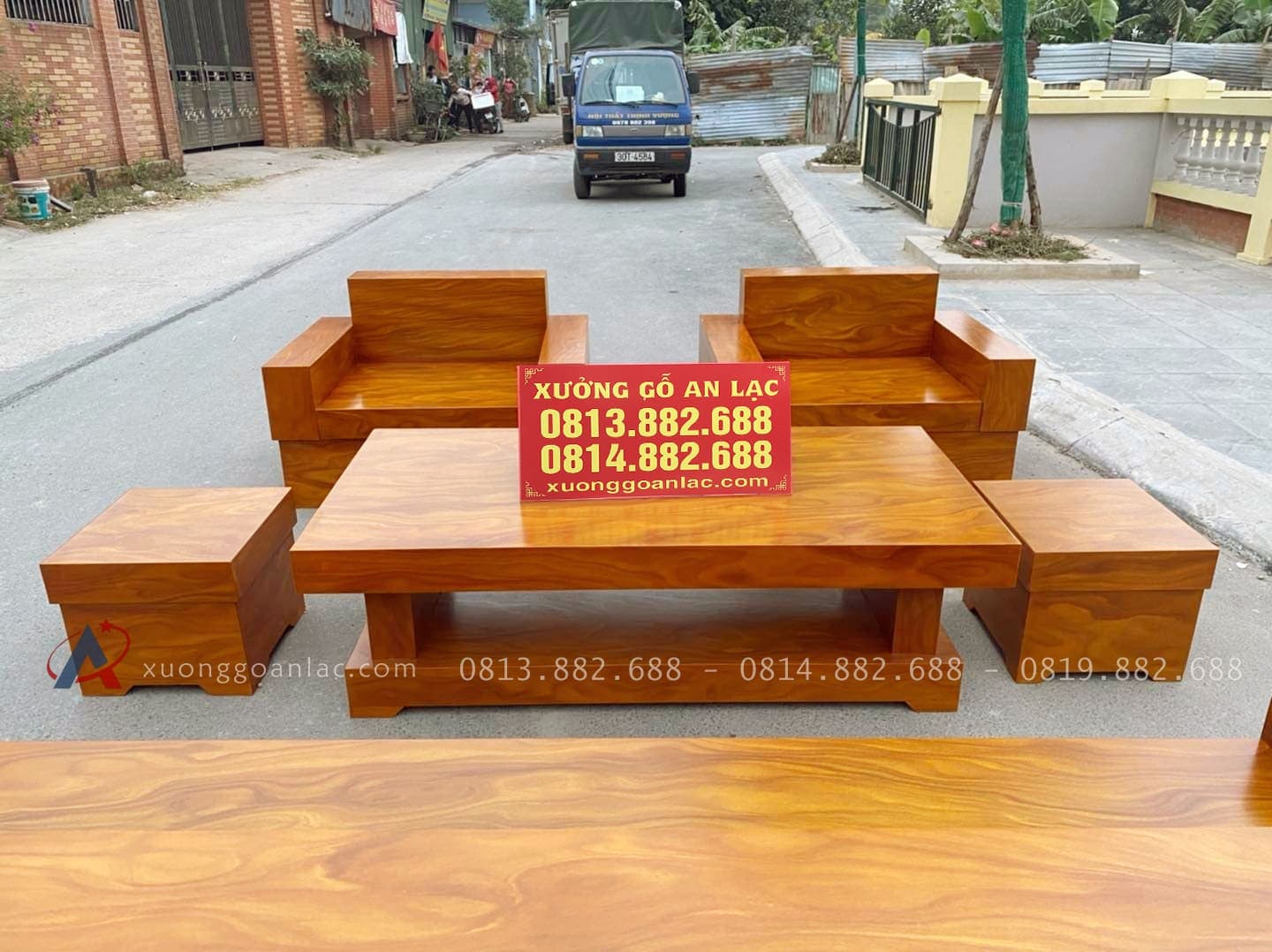 Bộ Sofa Chữ H Giả Nguyên Khối Veneer Gỗ Cẩm Vàng Siêu Vân 12 bàn ghế sofa gỗ tự nhiên 6 món
