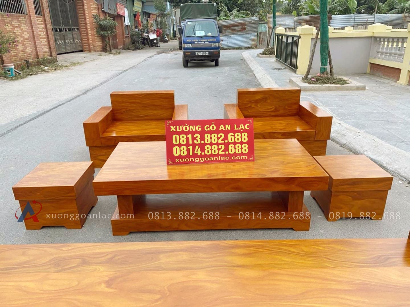 Bộ Sofa Chữ H Giả Nguyên Khối Veneer Gỗ Cẩm Vàng Siêu Vân 14 bàn ghế sofa giả nguyên khối
