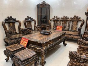 bàn ghế minh quốc nghê gỗ mun hoa Lào 10 món