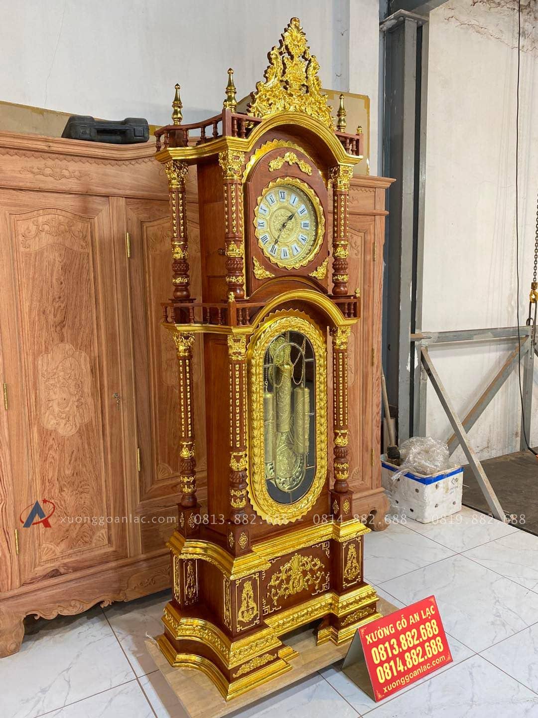 Mẫu Đồng Hồ Tứ Trụ Cao 2m3 Gỗ Hương Đá Nam Phi Dát Vàng Đài Loan Cao Câp (Chú Khánh, Nam Định) 10 đồng hồ gỗ hương đá