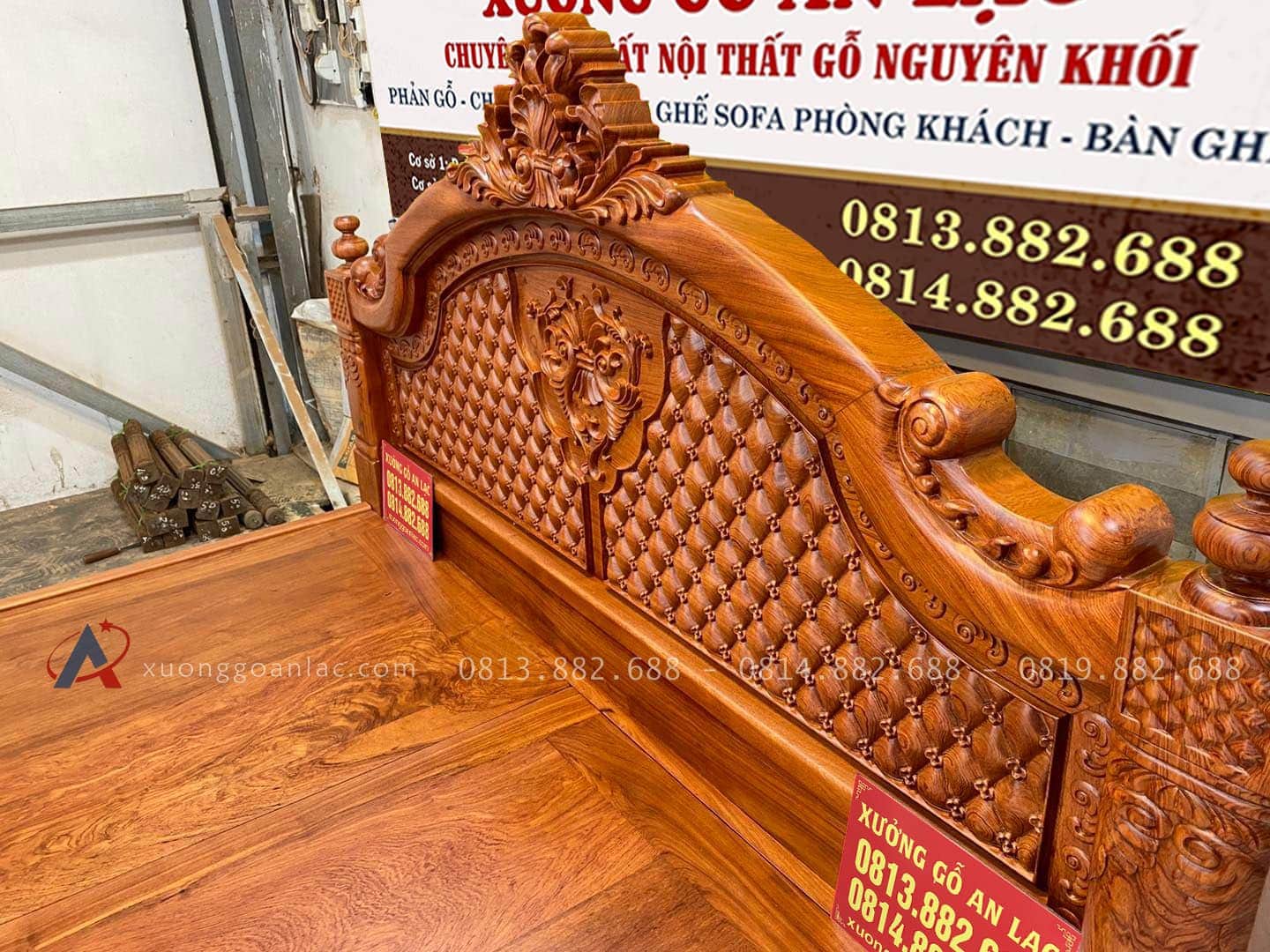Giường cột vòm lan tây vách trám Hương Đá 180x200cm 17 Đầu giường đục tay tinh xảo
