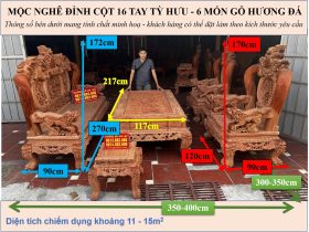 KÍCH THƯỚC MỘC NGHÊ ĐỈNH CỘT 16 TAY TỲ HƯU - 6 MÓN GỖ HƯƠNG ĐÁ