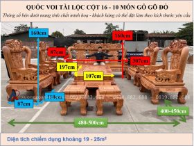 KÍCH THƯỚC QUỐC VOI TÀI LỘC CỘT 16 - 10 MÓN GÕ ĐỎ PACHY