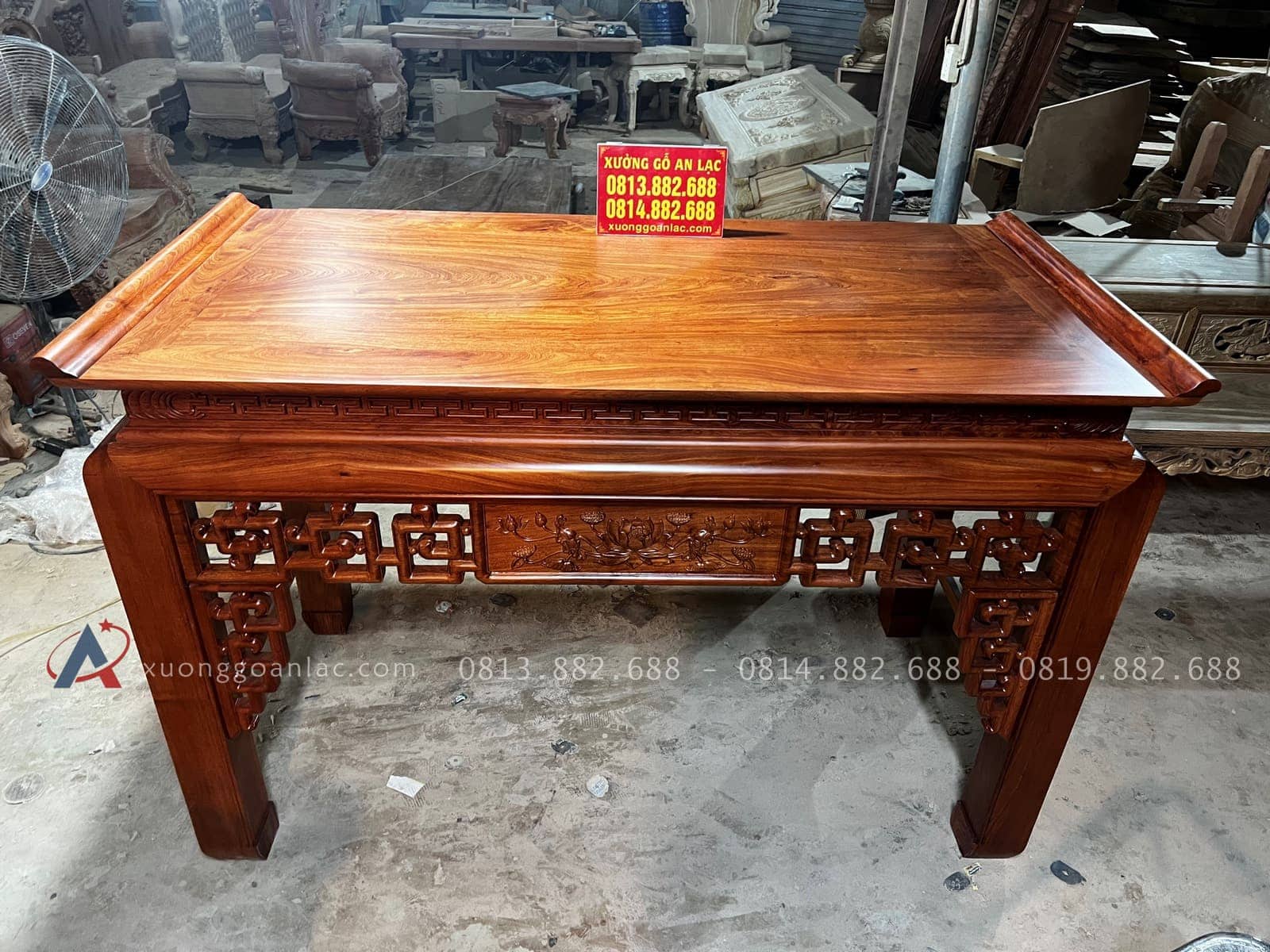 Mẫu án gian đục sen cổ triện 187x97x127cm giao Hà Nam 20 Án gian thiết kế khung tranh ván liền