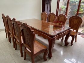 Bộ bàn ăn 8 ghế Louis tựa trơn chọn vân cực vip gỗ hương đá (Chị Chiến, Quảng Ninh) 7 bàn ghế ăn louis hoàng gia tân cổ điển
