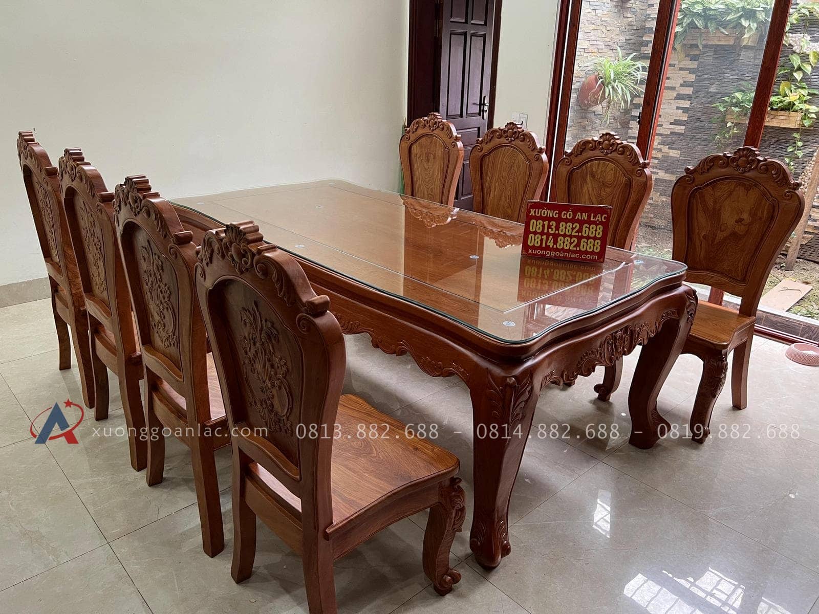 Bộ bàn ăn 8 ghế Louis tựa trơn chọn vân cực vip gỗ hương đá (Chị Chiến, Quảng Ninh) 13 bàn ghế ăn louis hoàng gia tân cổ điển