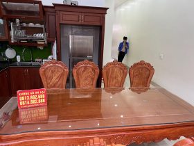 Bộ bàn ăn 8 ghế Louis tựa trơn chọn vân cực vip gỗ hương đá (Chị Chiến, Quảng Ninh) 8 bàn ăn khung ván gỗ hương đá