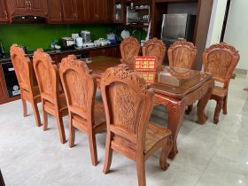 Bộ bàn ăn 8 ghế Louis tựa trơn chọn vân cực vip gỗ hương đá (Chị Chiến, Quảng Ninh) 9 bàn ăn louis tân cổ điển 8 ghế