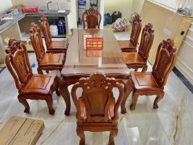 bàn ăn louis hoàng gia 8 ghế hoa hồng gỗ gõ đỏ