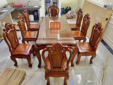 bàn ăn louis hoàng gia 8 ghế hoa hồng gỗ gõ đỏ