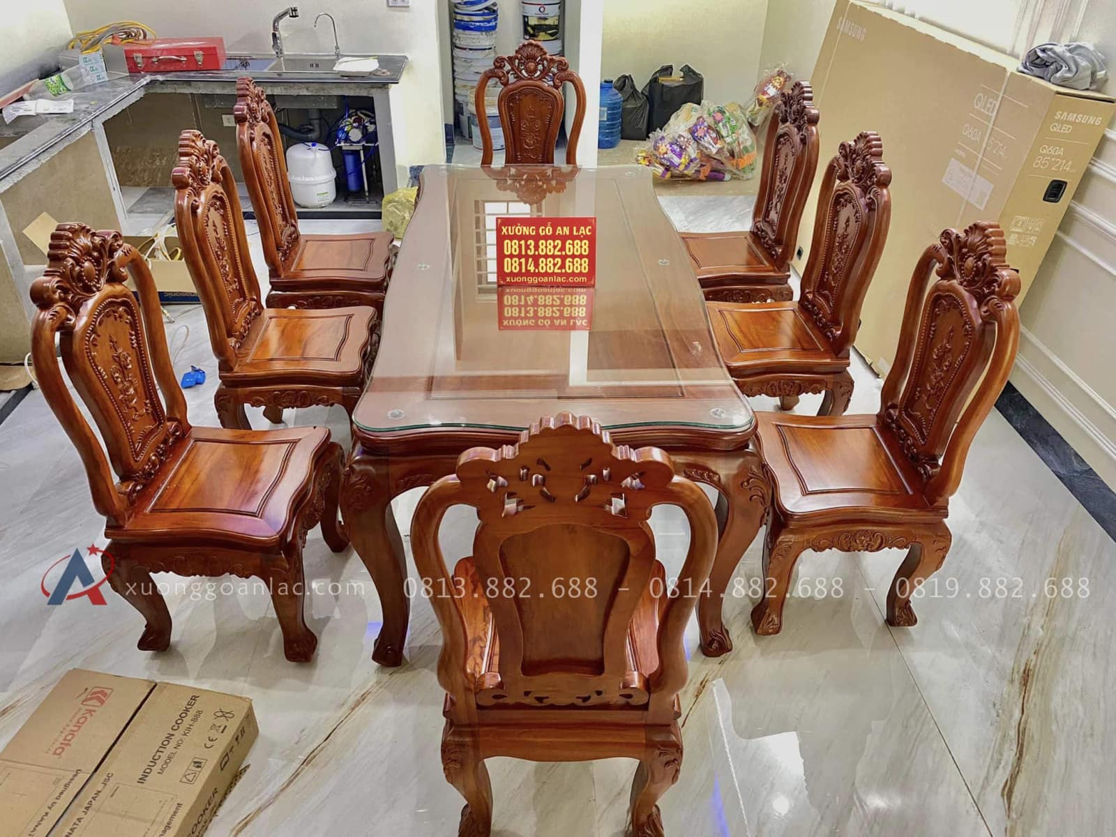 Bộ bàn ăn louis hoàng gia 8 ghế hoa hồng gỗ gõ đỏ (Cô Huyền, Hà Nội) 8 bàn ăn louis hoàng gia 8 ghế hoa hồng gỗ gõ đỏ
