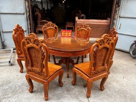 bàn ăn tròn 6 ghế hồng hạt gỗ gõ đỏ