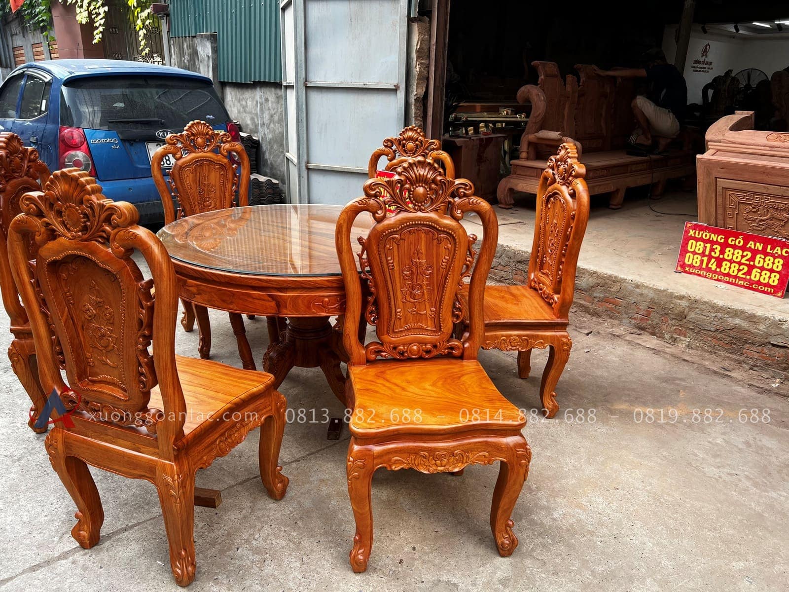 Bộ bàn ăn tròn 6 ghế hồng hạt khung 4 ván 2cm (Cô Sáu, Hà Nội) 15 bộ bàn ăn louis hoàng gia