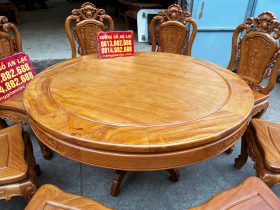 Bộ bàn ăn 137cm khung 4 ván 2 và 8 ghế hồng hạt đục 2 mặt vip gỗ gõ đỏ (Anh Linh, Nam Định) 9 bàn ăn tròn khung ván