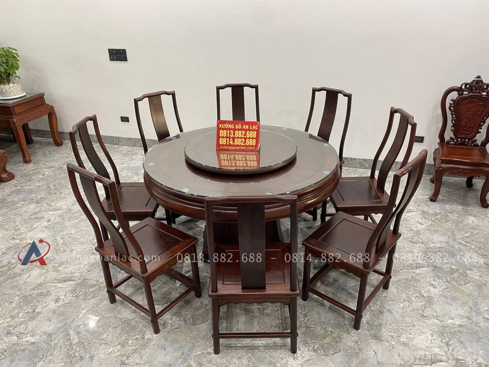 Bộ bàn ăn tròn mâm xoay 2 tầng và 8 ghế minh gỗ cẩm lai ghép mộng thủng tàu siêu vip (Bác Thông, Bắc Ninh) 12 bàn ăn tròn mâm xoay 2 tầng 8 ghế gỗ cẩm Lai