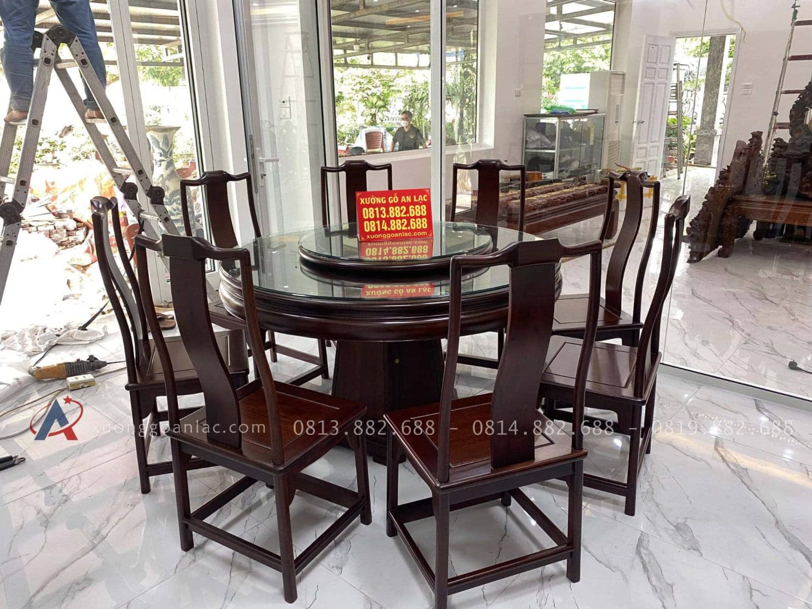 Bộ bàn ăn tròn mâm xoay 2 tầng và 8 ghế minh gỗ cẩm lai ghép mộng thủng tàu siêu vip (Bác Thông, Bắc Ninh) 13 Bàn ăn gỗ cẩm lai quý hiếm