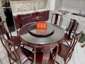 Bộ bàn ăn tròn mâm xoay 2 tầng và 8 ghế minh gỗ cẩm lai ghép mộng thủng tàu siêu vip (Bác Thông, Bắc Ninh) 8 bàn ăn 8 ghế gỗ tự nhiên