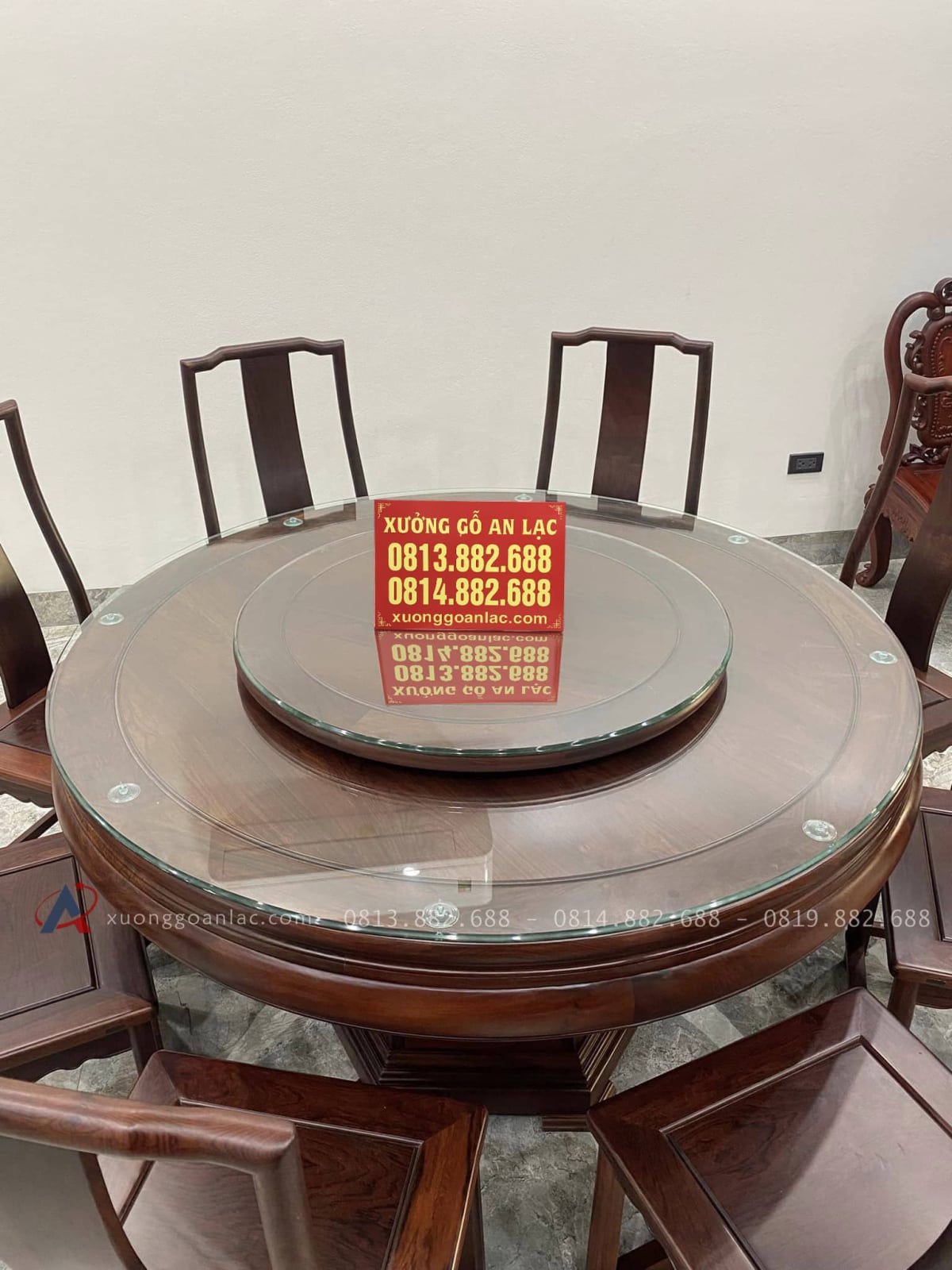 Bộ bàn ăn tròn mâm xoay 2 tầng và 8 ghế minh gỗ cẩm lai ghép mộng thủng tàu siêu vip (Bác Thông, Bắc Ninh) 15 mặt bàn tròn mâm xoay 2 tầng