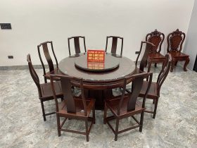Bộ bàn ăn tròn mâm xoay 2 tầng và 8 ghế minh gỗ cẩm lai ghép mộng thủng tàu siêu vip (Bác Thông, Bắc Ninh) 11 mẫu bàn ăn tròn 8 ghế siêu vip