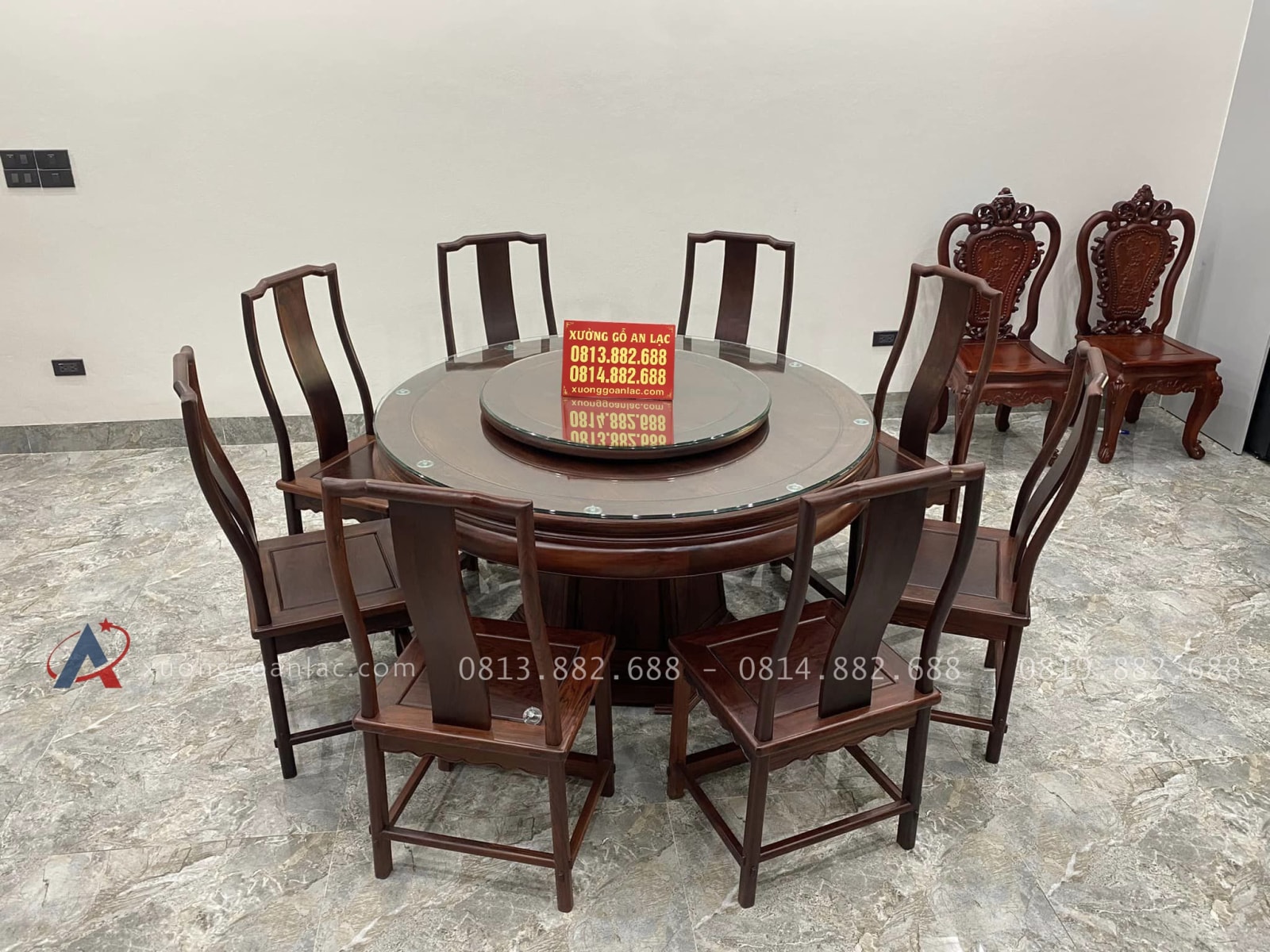 Bộ bàn ăn tròn mâm xoay 2 tầng và 8 ghế minh gỗ cẩm lai ghép mộng thủng tàu siêu vip (Bác Thông, Bắc Ninh) 17 mẫu bàn ăn tròn 8 ghế siêu vip