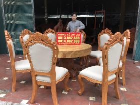 bàn ăn tròn nguyên khối 8 ghế louis hoàng gia