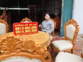 Bộ bàn ăn tròn nguyên khối 8 ghế louis hoàng gia bọc đệm cao cấp (Chú Lộc, Phú Thọ) 10 bàn ăn nguyên khối và ghế louis hoàng gia