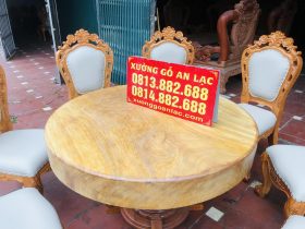 Bộ bàn ăn tròn nguyên khối 8 ghế louis hoàng gia bọc đệm cao cấp (Chú Lộc, Phú Thọ) 11 bàn tròn nguyên khối gỗ gõ đỏ