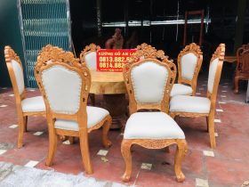 Bộ bàn ăn tròn nguyên khối 8 ghế louis hoàng gia bọc đệm cao cấp (Chú Lộc, Phú Thọ) 12 bàn ghế ăn phong cách hoàng gia