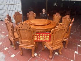bàn ăn tròn mâm xoay 10 ghế gỗ gõ đỏ
