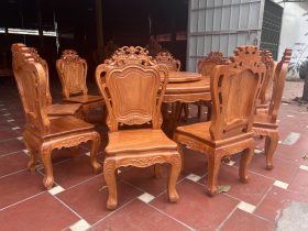 Bộ bàn ăn tròn mâm xoay 10 ghế louis gỗ gõ đỏ (Cô Vinh, Hà Nội) 10 mẫu bàn ăn louis hoàng gia tân cổ điển