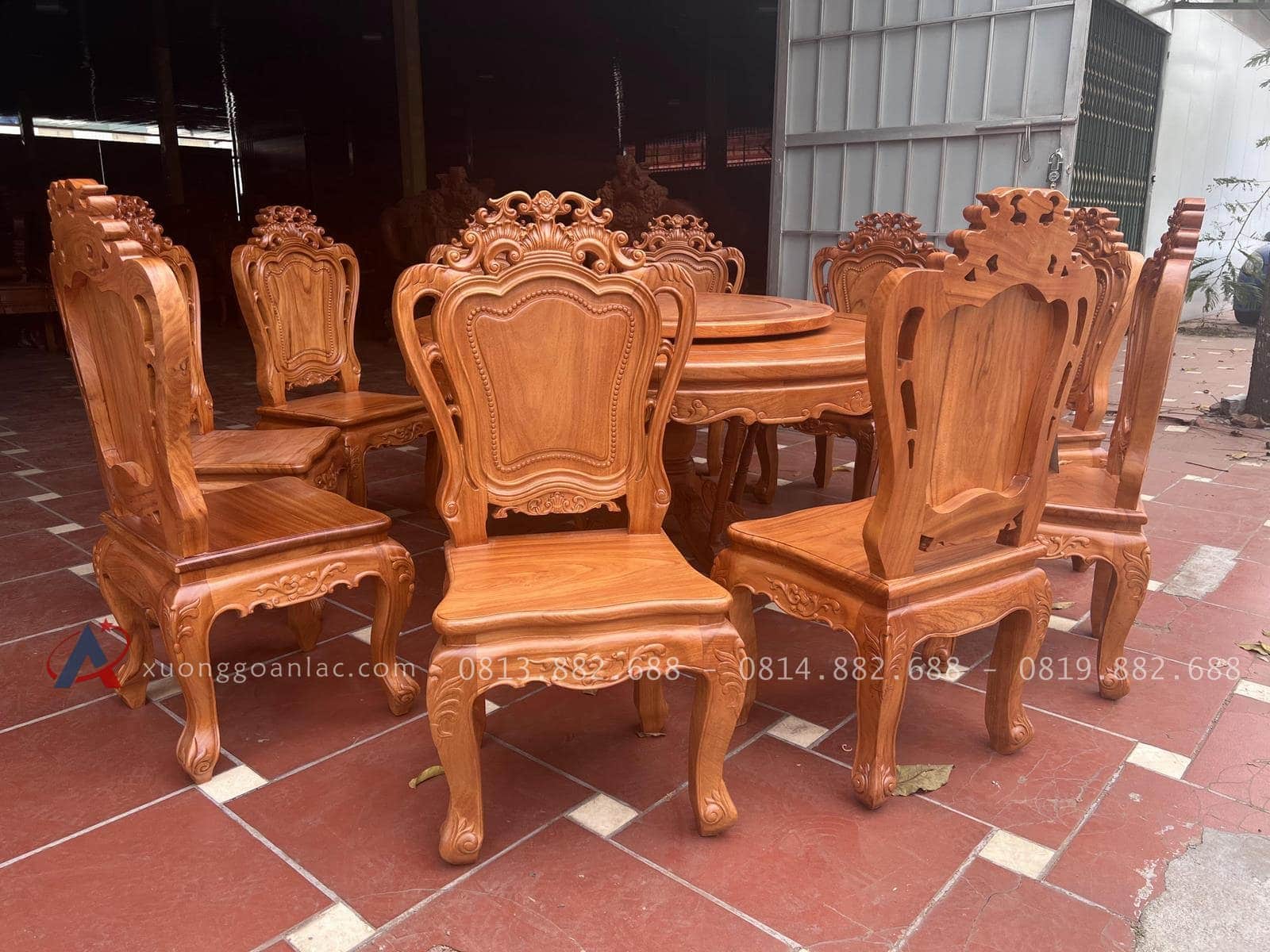 Bộ bàn ăn tròn mâm xoay 10 ghế louis gỗ gõ đỏ (Cô Vinh, Hà Nội) 19 mẫu bàn ăn louis hoàng gia tân cổ điển