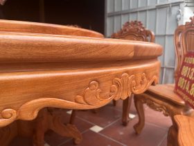 Bộ bàn ăn tròn mâm xoay 10 ghế louis gỗ gõ đỏ (Cô Vinh, Hà Nội) 12 yếm bàn đục hoa lá tây tinh xảo