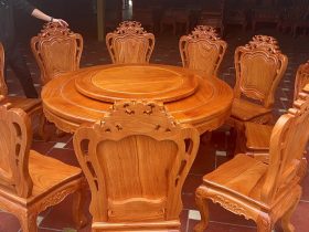 Bộ bàn ăn tròn mâm xoay 10 ghế louis gỗ gõ đỏ (Cô Vinh, Hà Nội) 15 bàn ăn kết hợp 10 ghế louis hoàng gia