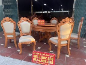 bàn ăn tròn xoay 8 ghế gỗ gõ đỏ