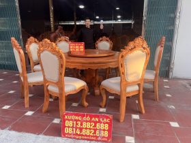 Bộ bàn ăn tròn xoay 1m55 với 8 ghế Louis bọc đệm gỗ gõ đỏ cao cấp (Chị Thanh, Hà Nam) 11 bàn ghế ăn louis hoàng gia tân cổ điển