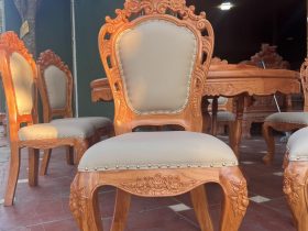 Bộ bàn ăn tròn xoay 1m55 với 8 ghế Louis bọc đệm gỗ gõ đỏ cao cấp (Chị Thanh, Hà Nam) 16 ghế ăn lưng cao không tay