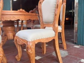 Bộ bàn ăn tròn xoay 1m55 với 8 ghế Louis bọc đệm gỗ gõ đỏ cao cấp (Chị Thanh, Hà Nam) 17 ghế louis hoàng gia sang trọng