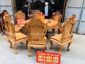 bàn ghế ăn tròn xoay 8 ghế gỗ gõ đỏ