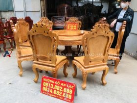Bộ bàn ăn tròn xoay 1m37 và 8 ghế louis hoa lá tây gỗ gõ đỏ (Anh Tiến, Hà Nam) 19 bàn ăn 8 ghế louis hoàng gia tân cổ điển