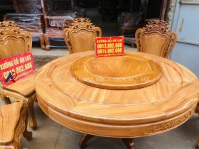 Bộ bàn ăn tròn xoay 1m37 và 8 ghế louis hoa lá tây gỗ gõ đỏ (Anh Tiến, Hà Nam) 11 bàn ăn gỗ gõ đỏ hàng cao cấp
