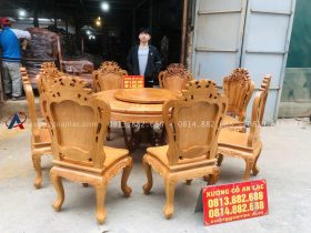 Bộ bàn ăn tròn xoay 1m37 và 8 ghế louis hoa lá tây gỗ gõ đỏ (Anh Tiến, Hà Nam) 14 bàn ăn 8 ghế louis hoàng gia