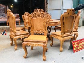 Bộ bàn ăn tròn xoay 1m37 và 8 ghế louis hoa lá tây gỗ gõ đỏ (Anh Tiến, Hà Nam) 15 mẫu ghế louis hoàng gia