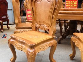 Bộ bàn ăn tròn xoay 1m37 và 8 ghế louis hoa lá tây gỗ gõ đỏ (Anh Tiến, Hà Nam) 17 ghế ngồi mặt ván tràn chân cong cách điệu