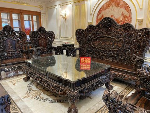 bàn ghế cửu long bát mã 8 món gỗ mun hoa