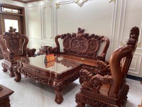 bàn ghế nghê bảo đỉnh cột 15 gỗ hương đá 6 món