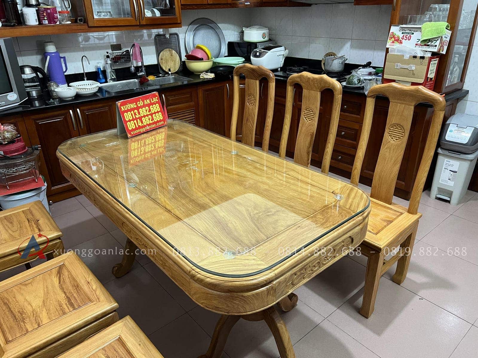 Bộ bàn ăn 6 ghế chữ thọ gỗ gõ đỏ cao cấp (Anh Nam, Bắc Ninh) 14 bàn ăn chữ nhật bo góc rộng rãi